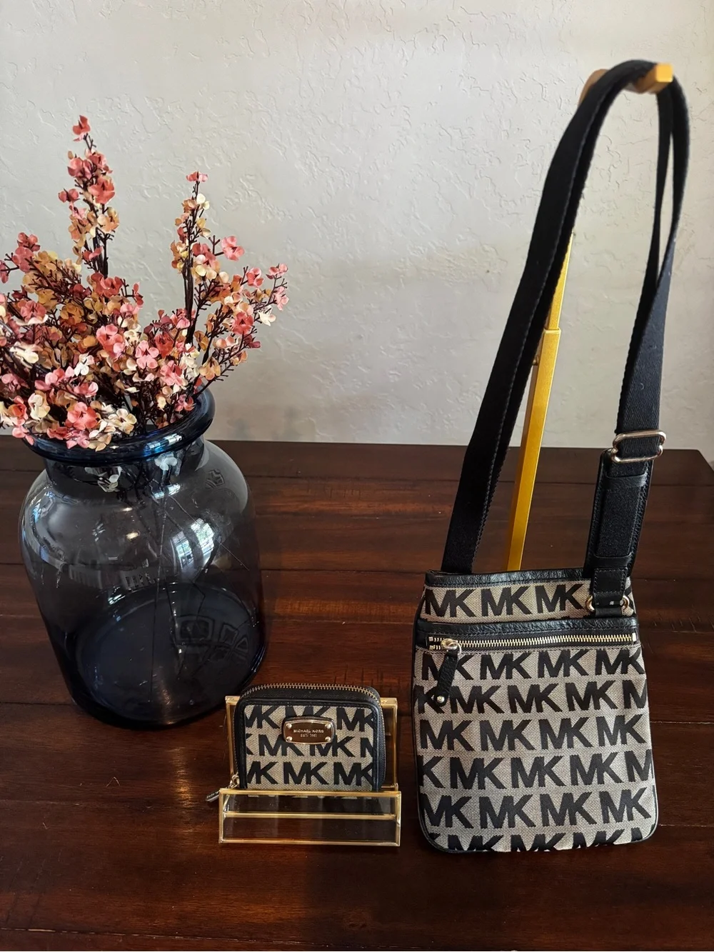 Michael Kors Beige and Black MK Logo Crossbody with Matching Wallet